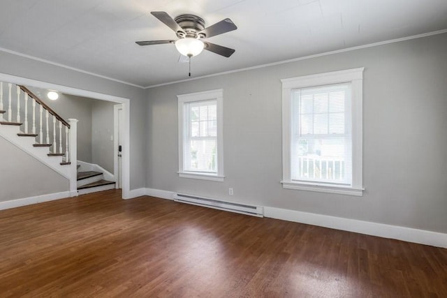 24 Tampa St, Worcester, MA 01604 - unfurnished room featuring baseboard heating, wood finished floors, stairs, ornamental molding, and ceiling fan