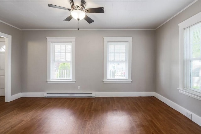 24 Tampa St, Worcester, MA 01604 - unfurnished room featuring baseboard heating, wood finished floors, plenty of natural light, ornamental molding, and a ceiling fan
