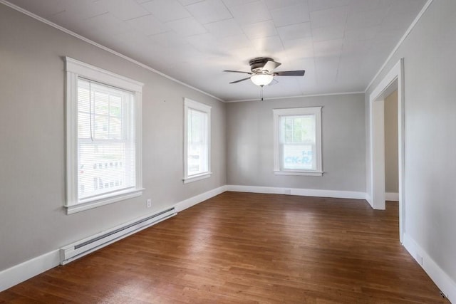 24 Tampa St, Worcester, MA 01604 - empty room with a baseboard radiator, crown molding, wood finished floors, and a ceiling fan