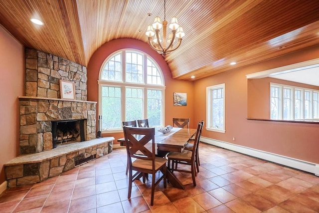 tiled dining area with a baseboard heating unit, baseboards, wooden ceiling, lofted ceiling, and a notable chandelier