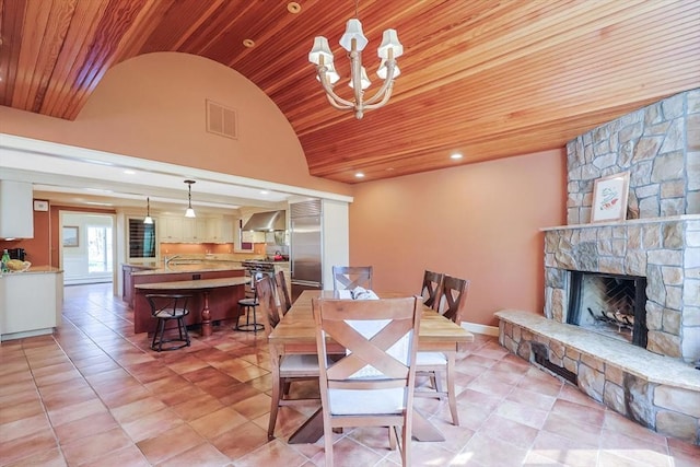 dining space with lofted ceiling, a stone fireplace, visible vents, wood ceiling, and a chandelier