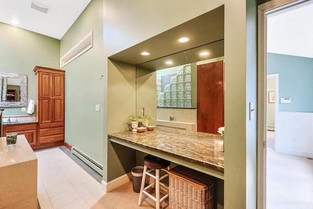 bar with recessed lighting, visible vents, light tile patterned floors, a baseboard radiator, and tasteful backsplash