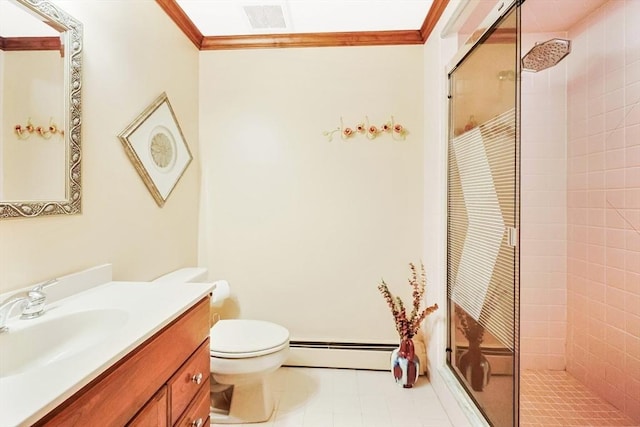 bathroom with a baseboard heating unit, ornamental molding, visible vents, and a stall shower