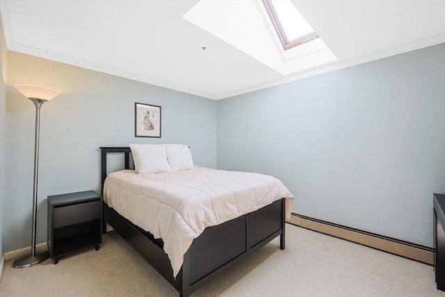 bedroom with a baseboard heating unit, crown molding, light colored carpet, and a skylight