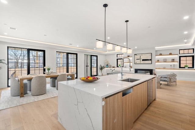 kitchen with light wood finished floors, open floor plan, modern cabinets, and a sink