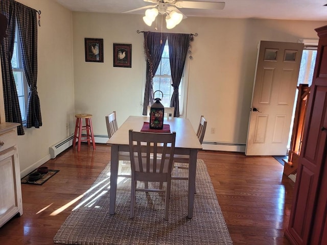 dining room featuring a baseboard radiator, a healthy amount of sunlight, ceiling fan, and dark hardwood / wood-style flooring