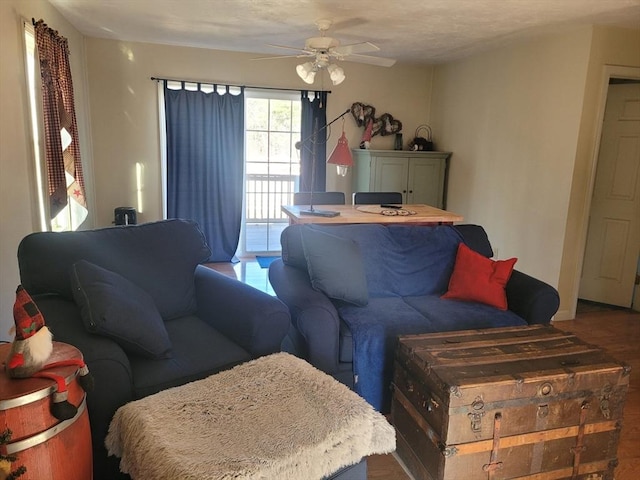 living room featuring hardwood / wood-style flooring and ceiling fan