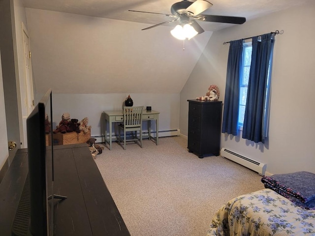 bedroom with ceiling fan, a baseboard radiator, carpet flooring, and vaulted ceiling