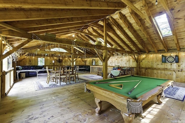 26 E St, Hopkinton, MA 01748 - rec room with hardwood / wood-style floors, wood ceiling, billiards, wooden walls, and a skylight