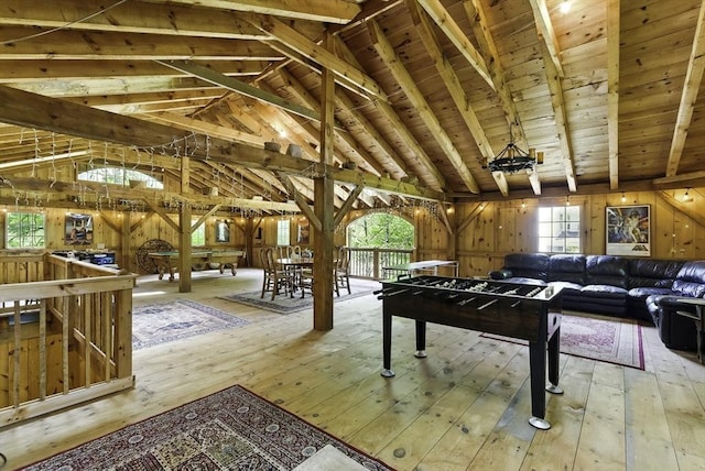 26 E St, Hopkinton, MA 01748 - game room featuring wood-type flooring, wooden walls, and wood ceiling