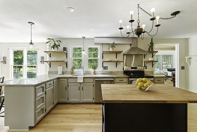 26 E St, Hopkinton, MA 01748 - kitchen with open shelves, stainless steel appliances, butcher block counters, a sink, and wall chimney range hood