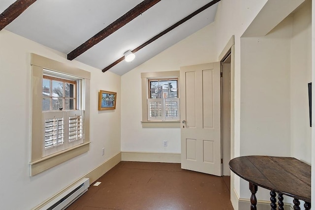 interior space with vaulted ceiling with beams and baseboard heating