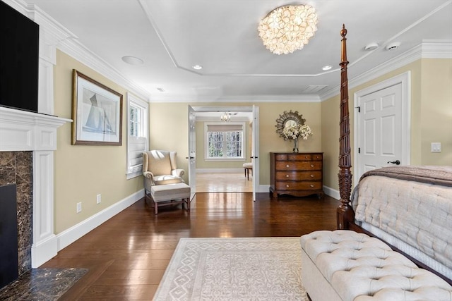 33 Old Concord Rd, Lincoln, MA 01773 - bedroom featuring crown molding, a fireplace, recessed lighting, baseboards, and dark wood-style floors