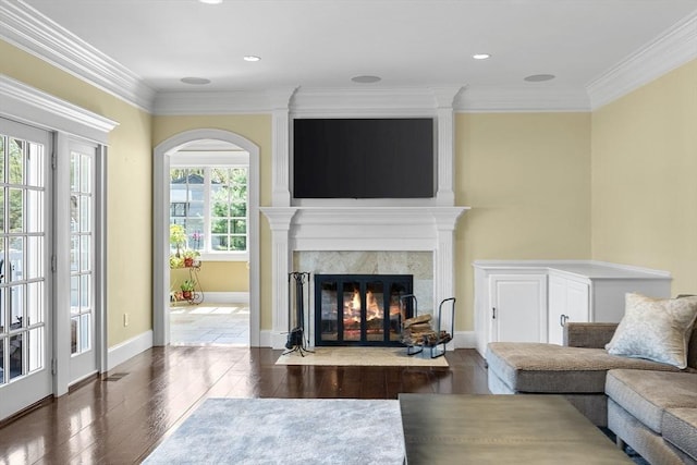 33 Old Concord Rd, Lincoln, MA 01773 - living area with crown molding, dark wood-style flooring, a fireplace, recessed lighting, and baseboards