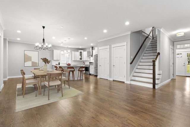 15 Village Ln Unit 15, Wayland, MA 01778 - dining room featuring crown molding, a chandelier, stairway, recessed lighting, and dark wood-style floors