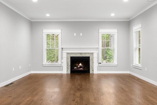 15 Village Ln Unit 15, Wayland, MA 01778 - unfurnished living room with crown molding, a lit fireplace, recessed lighting, plenty of natural light, and wood finished floors