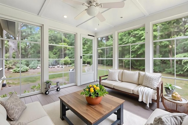 15 Village Ln Unit 15, Wayland, MA 01778 - sunroom / solarium featuring an outdoor hangout area and ceiling fan