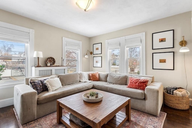 living room with plenty of natural light, baseboards, and wood finished floors