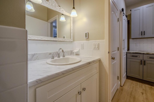 bathroom with wood finished floors and vanity