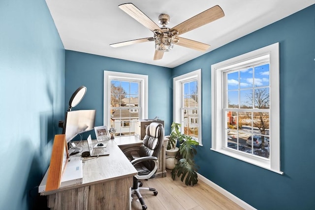 home office with a wealth of natural light, ceiling fan, and light hardwood / wood-style flooring