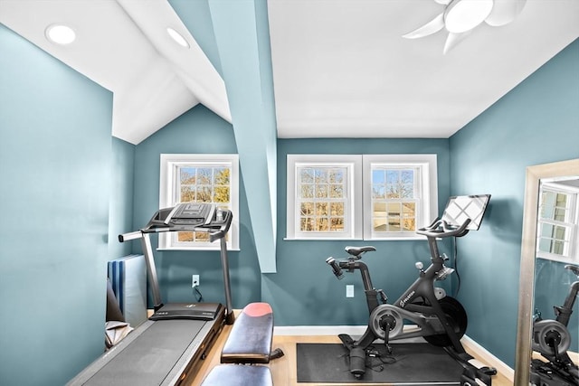 workout room with ceiling fan