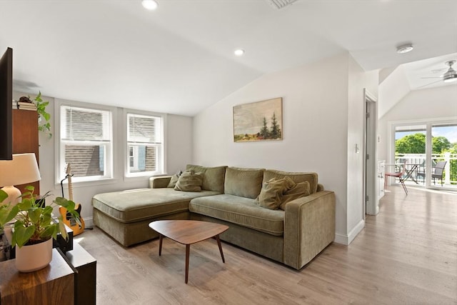 870 S S Unit 3, Boston, MA 02131 - living area featuring vaulted ceiling, a ceiling fan, light wood finished floors, baseboards, and recessed lighting