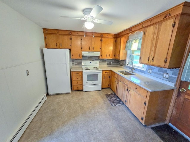 264 Dresser Hill Rd, Dudley, MA 01571 - kitchen featuring white appliances, under cabinet range hood, a baseboard heating unit, a sink, and light countertops