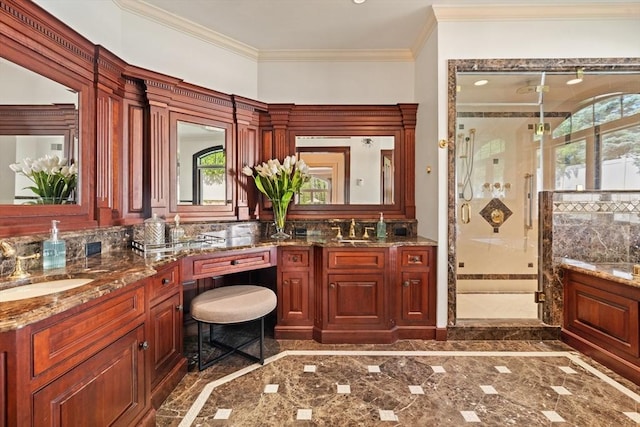 bathroom featuring crown molding, a wealth of natural light, and a stall shower