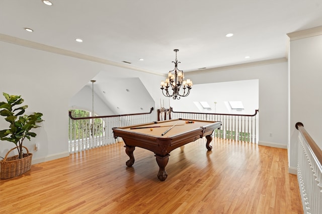 game room featuring ornamental molding, baseboards, recessed lighting, pool table, and light wood-style flooring