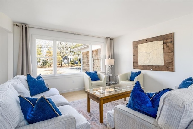 living area with baseboards and wood finished floors