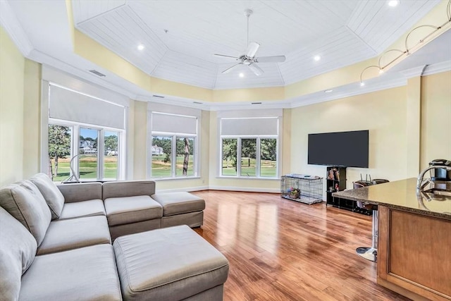 living room with light hardwood / wood-style floors, sink, ornamental molding, and a raised ceiling