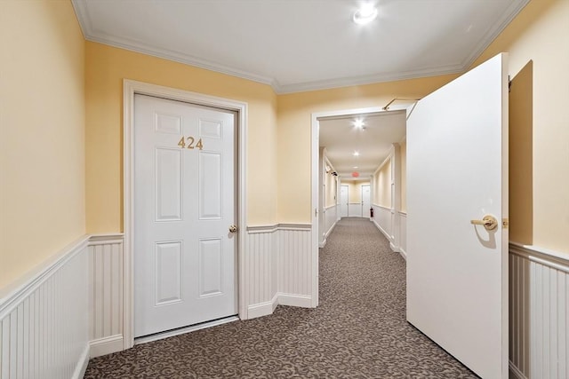 4 Sterling Hill Ln Unit 424, Exeter, NH 03833 - hallway with carpet floors, ornamental molding, a wainscoted wall, and a decorative wall