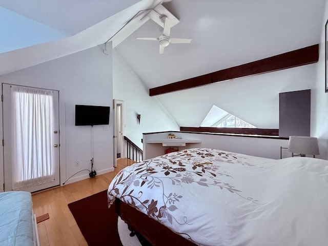 bedroom featuring beam ceiling, high vaulted ceiling, light wood-type flooring, and ceiling fan