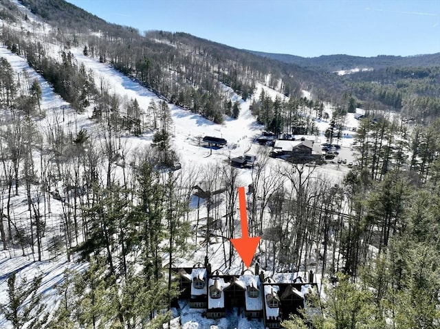 snowy aerial view with a mountain view