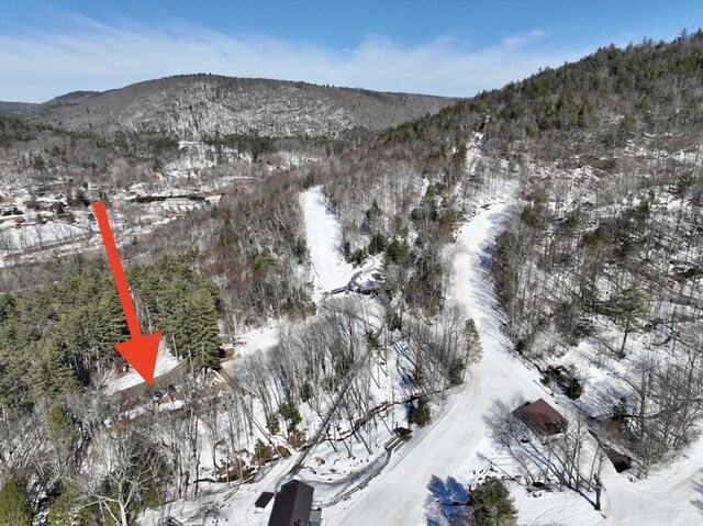 snowy aerial view featuring a mountain view