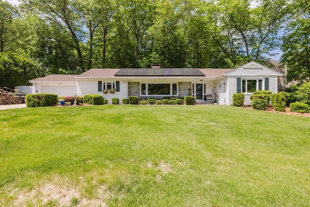35 Williams St, Lincoln, RI 02865 - ranch-style house with a front yard, a garage, a chimney, solar panels, and stone siding