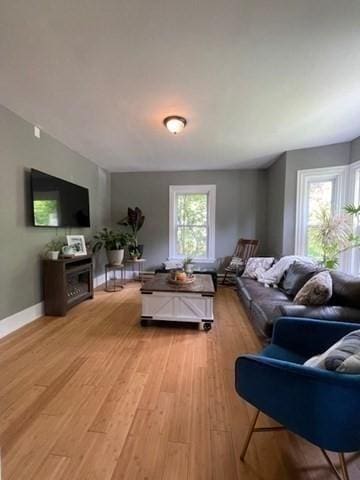 36 Circle St, Templeton, MA 01436 - living room featuring light wood-type flooring, baseboards, and a fireplace
