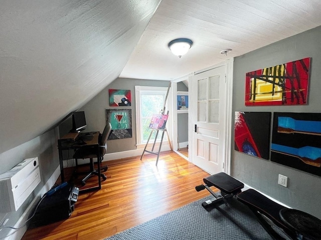 36 Circle St, Templeton, MA 01436 - workout area with wood finished floors, lofted ceiling, and baseboards