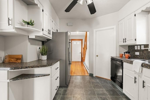 15 Newland Rd, Arlington, MA 02474 - kitchen featuring dishwasher, white cabinetry, ceiling fan, dark countertops, and freestanding refrigerator