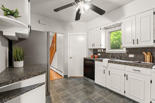 15 Newland Rd, Arlington, MA 02474 - kitchen featuring black dishwasher, a ceiling fan, white cabinets, and backsplash