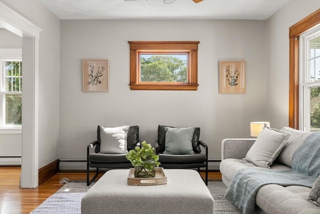 15 Newland Rd, Arlington, MA 02474 - living area with a baseboard heating unit, plenty of natural light, and wood finished floors