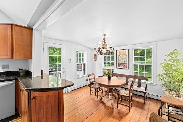 146 Chief Justic Cushing Hwy, Scituate, MA 02066 - dining area with a chandelier, light wood-style floors, vaulted ceiling, baseboard heating, and a baseboard radiator