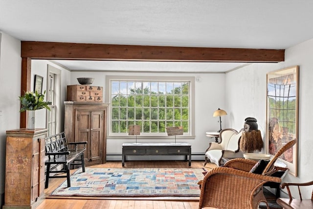 146 Chief Justic Cushing Hwy, Scituate, MA 02066 - sitting room with beamed ceiling, wood finished floors, and baseboard heating
