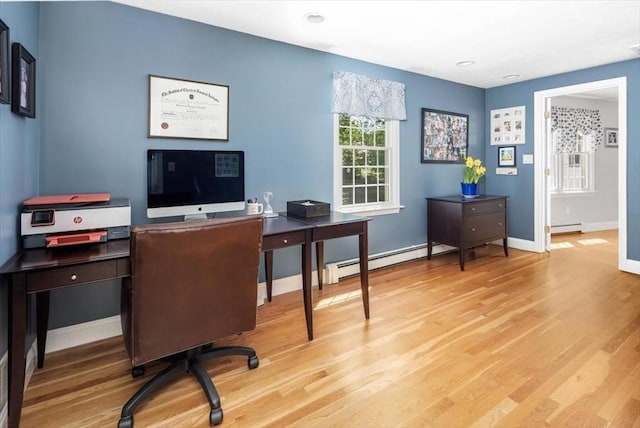 office with light wood-style floors, baseboards, a baseboard radiator, and recessed lighting