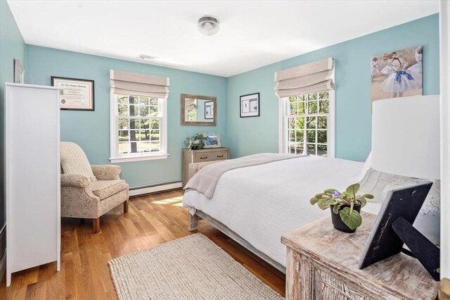 bedroom featuring visible vents, wood finished floors, and baseboard heating