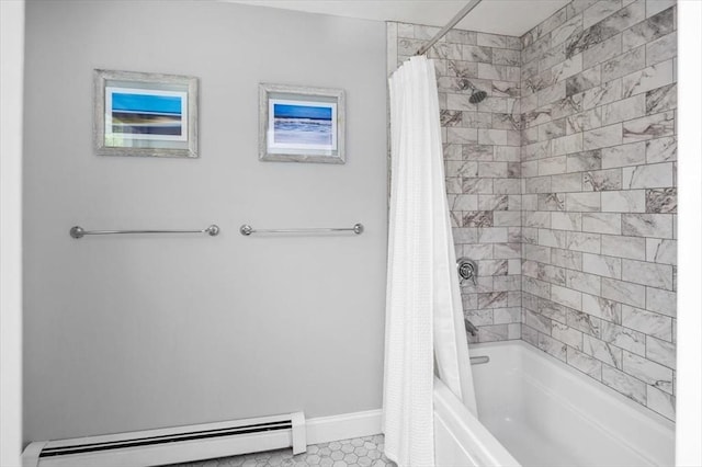 full bath with baseboards, tile patterned flooring, shower / bath combo with shower curtain, and a baseboard heating unit