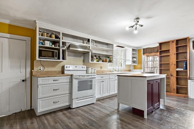 kitchen with stainless steel microwave, dark wood-type flooring, range hood, white range with electric stovetop, and open shelves