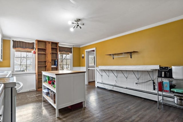 kitchen with dark wood-style floors, a wainscoted wall, open shelves, ornamental molding, and stove