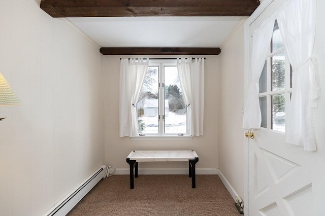 misc room featuring beam ceiling, carpet floors, and baseboard heating