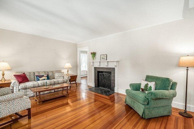 living room featuring baseboard heating, wood-type flooring, and a fireplace